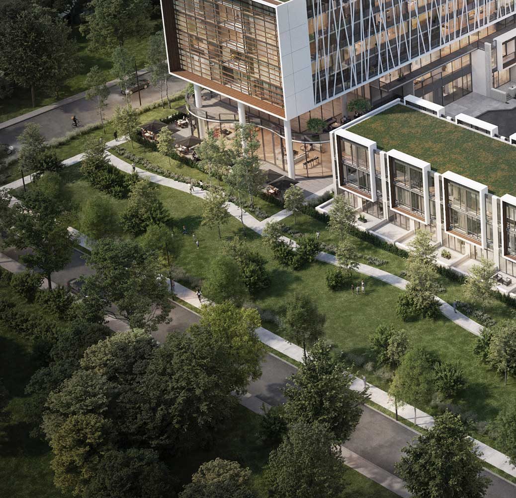 Aerial view of the Birch courtyard and townhomes