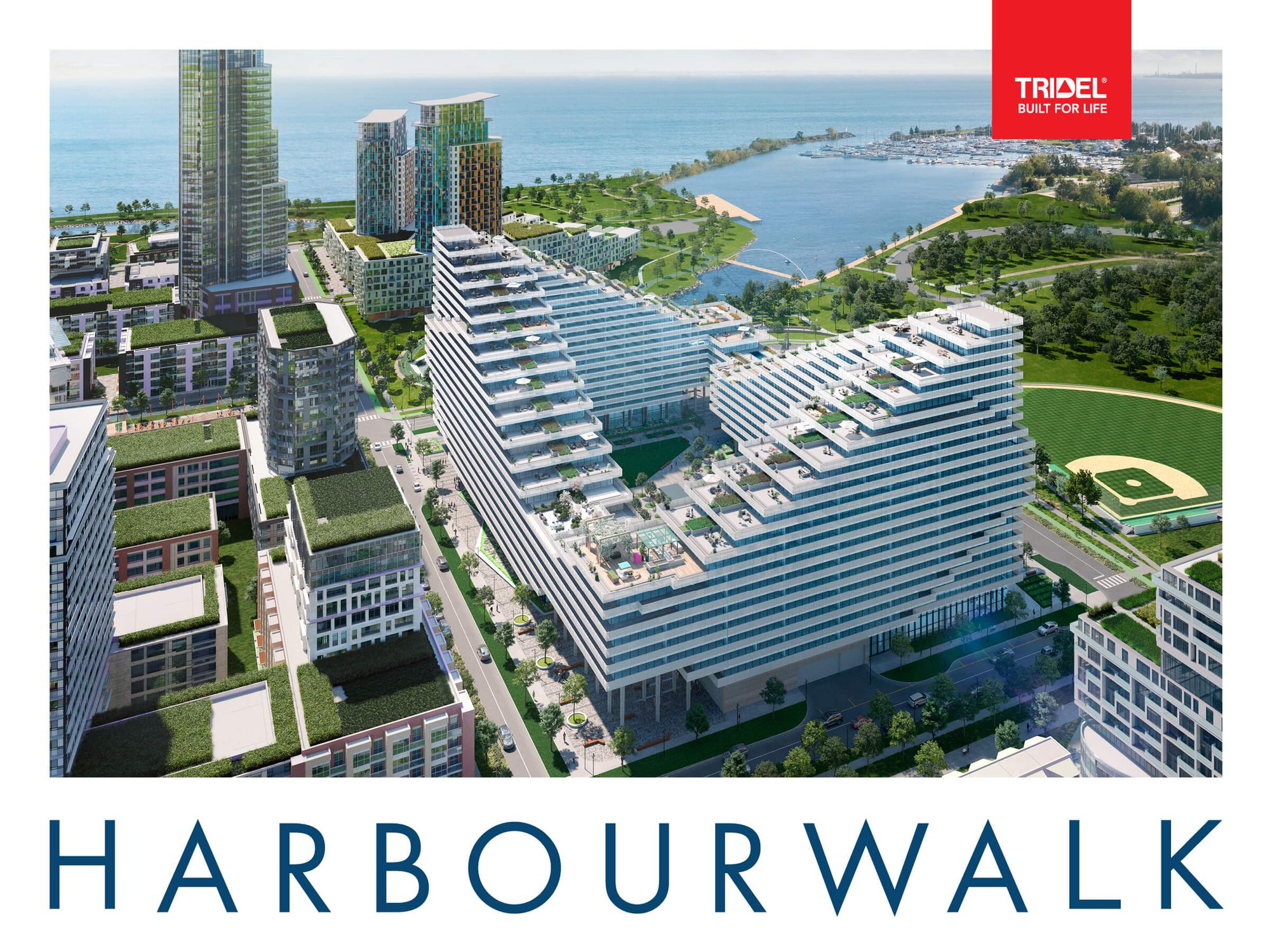Aerial view of Harbourwalk's two terraced towers by the lake