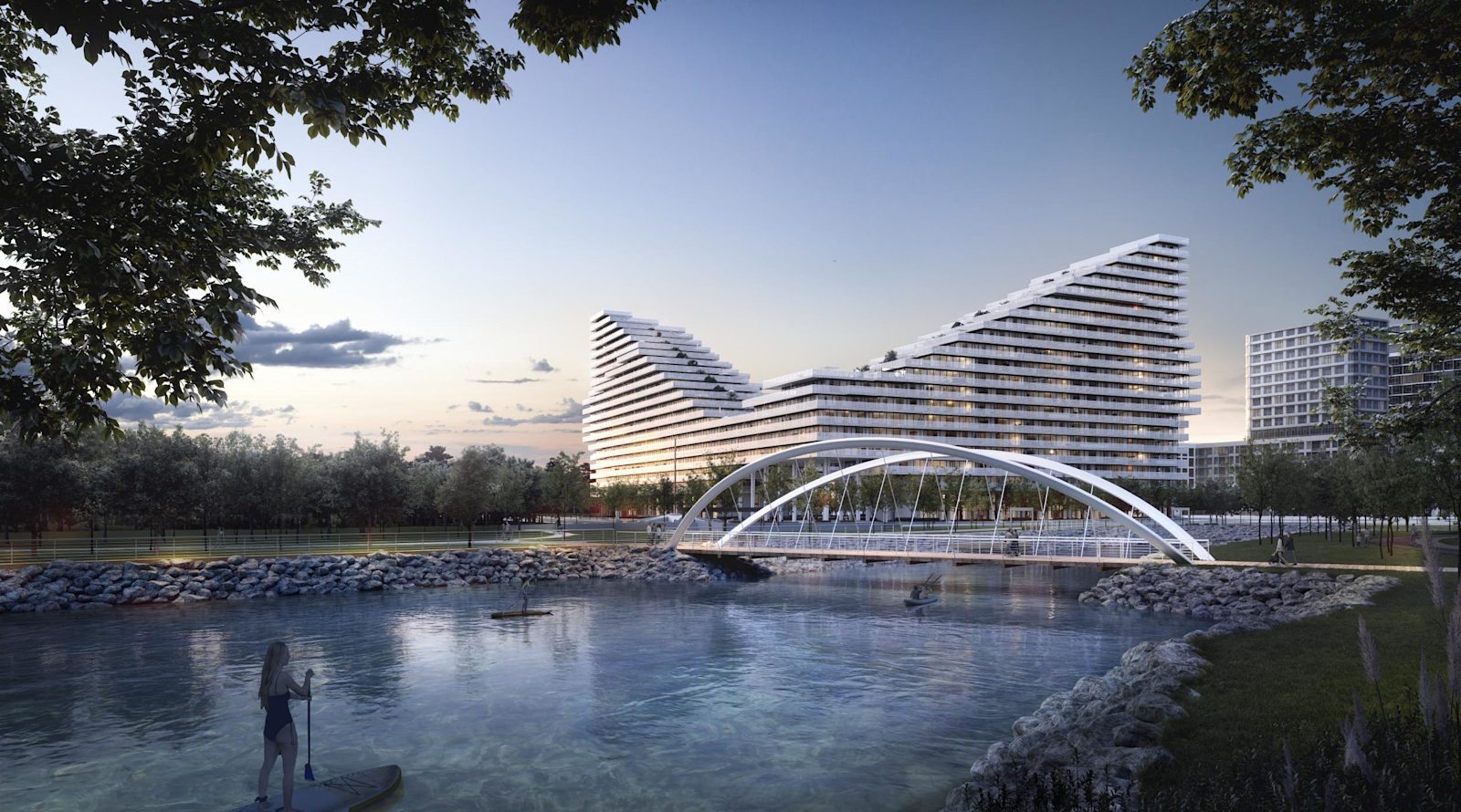 Harbourwalk's two terraced towers seen across the water