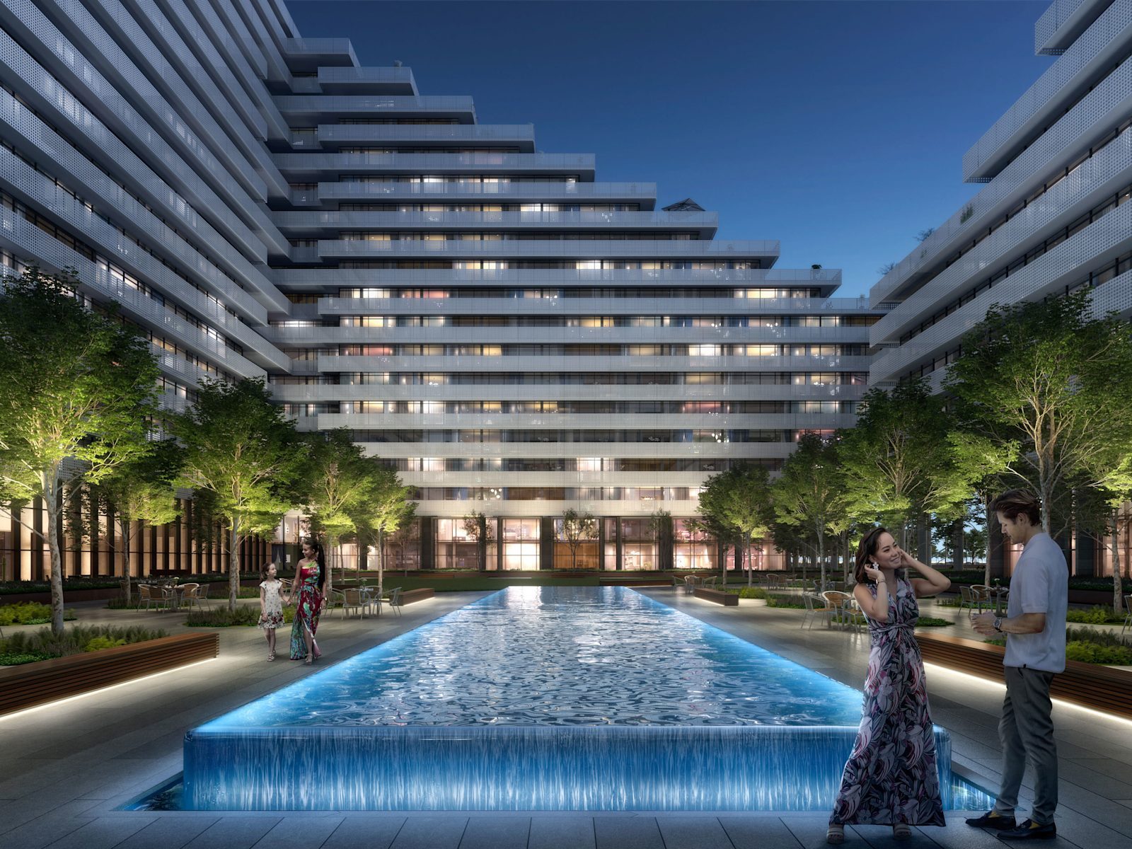 The central courtyard and reflecting pool at night