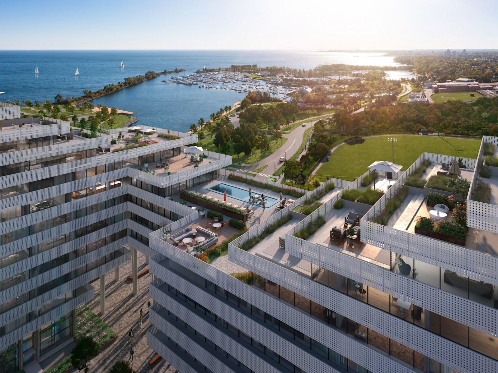 Rooftop pool terrace with the marina and lake beyond