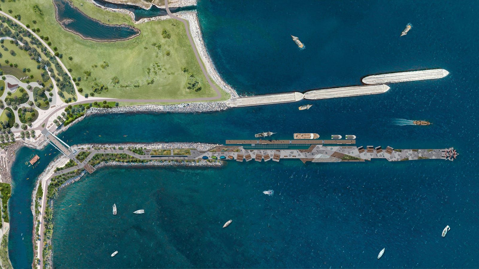 Aerial rendering of the pier reaching out into Lake Ontario beside the inlet channel