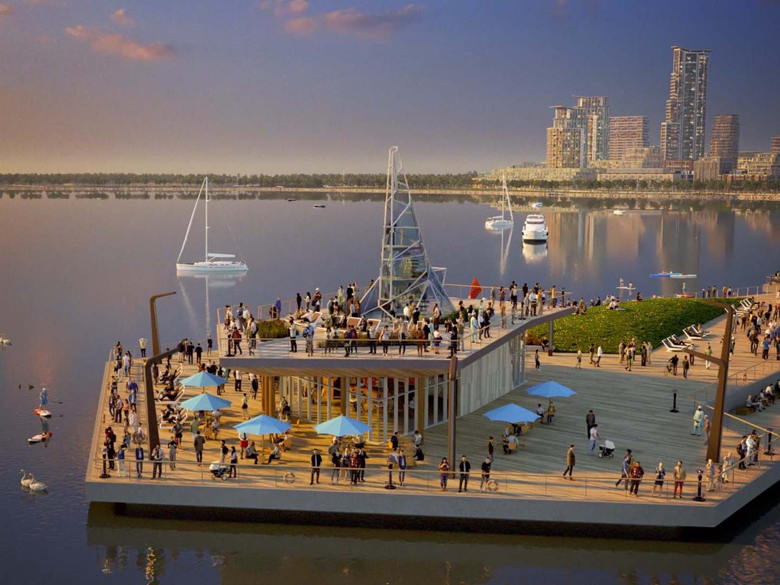 Rendering of the deck at the end of the pier with a lookout and patio