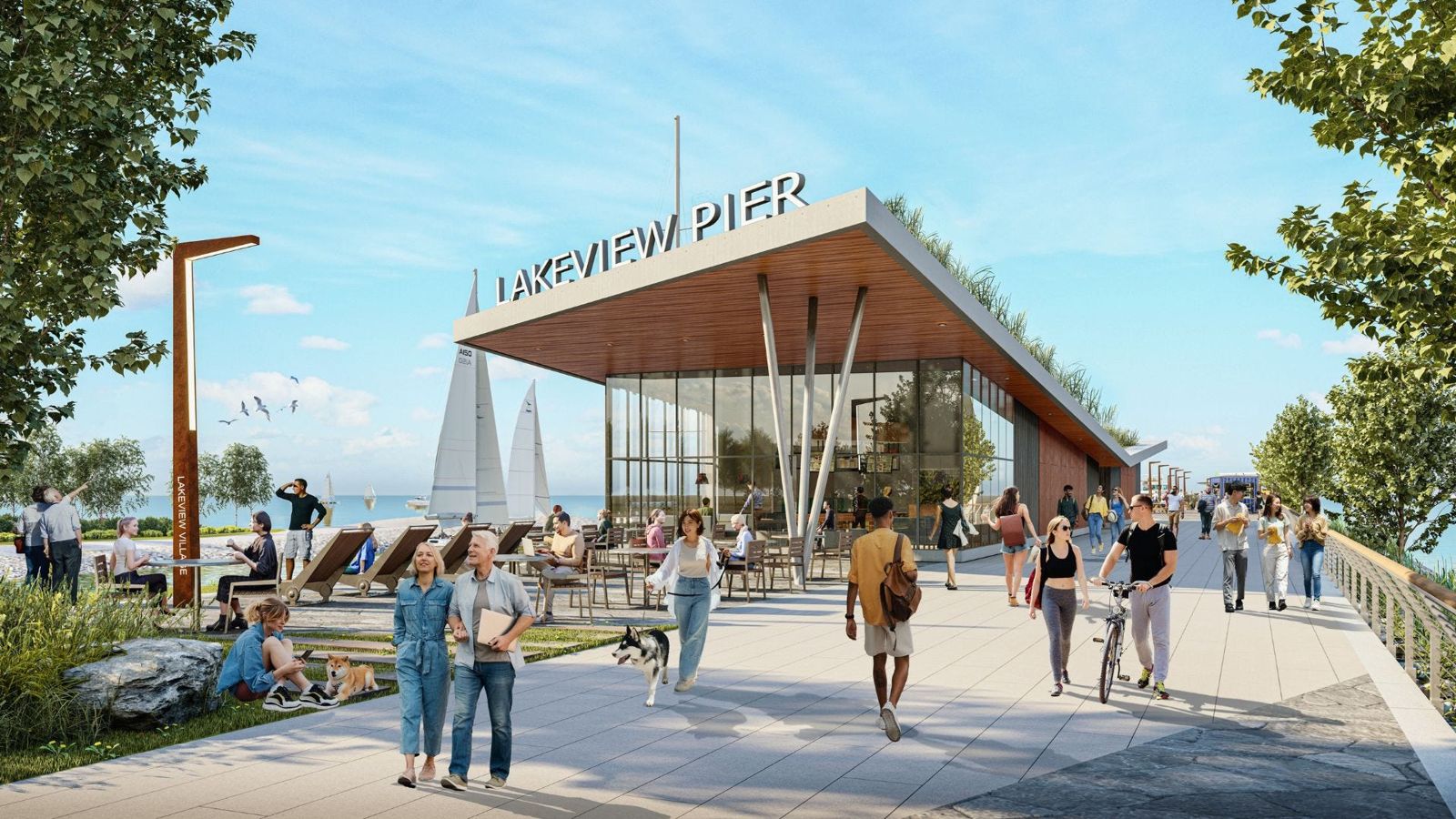 Rendering of the Lakeview Pier entrance pavilion with people walking and cycling