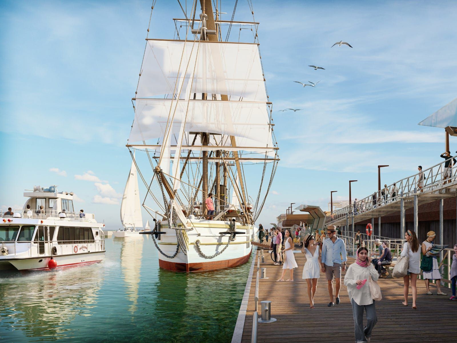 Rendering of a tall ship and ferry docked along the pier boardwalk