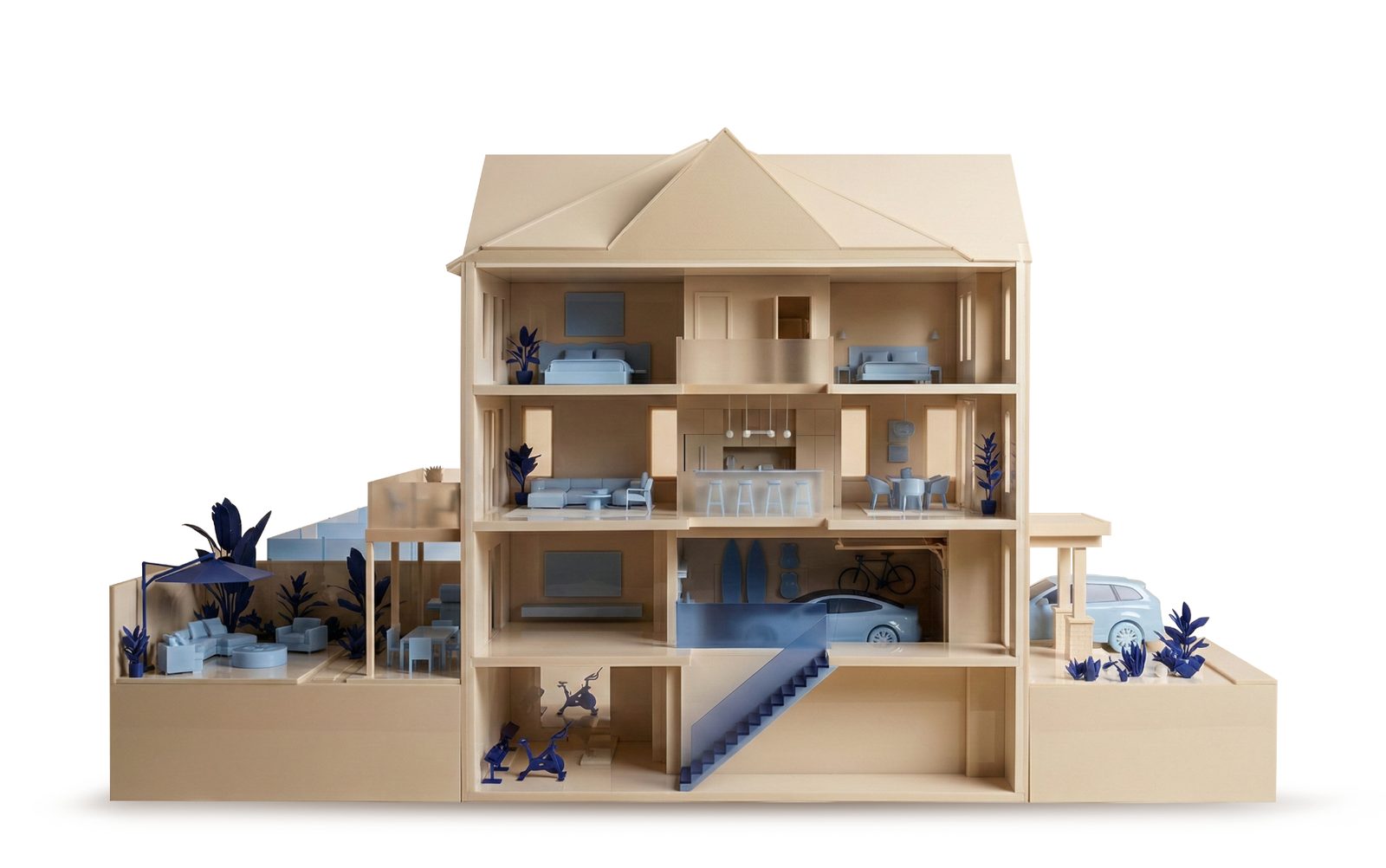 Cutaway model of a Pier House town, from garage and rec room up to the bedrooms