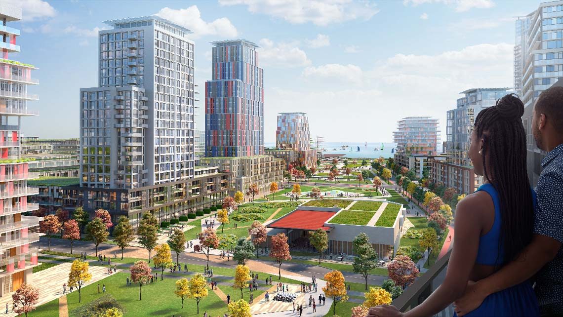 Aerial view of the planned Lakeview Village waterfront and pier