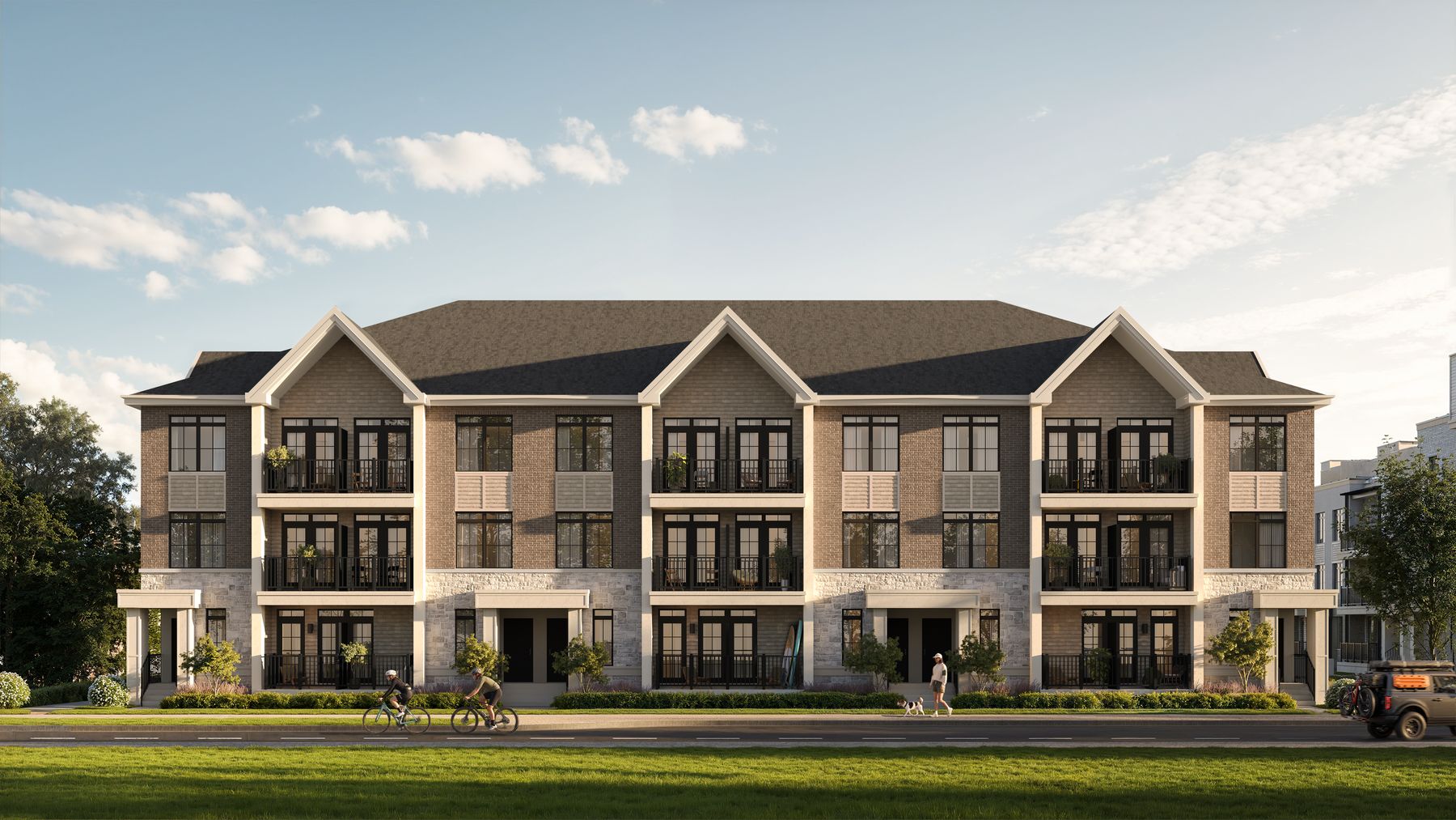 South Banks townhomes with gabled roofs, the second exterior style