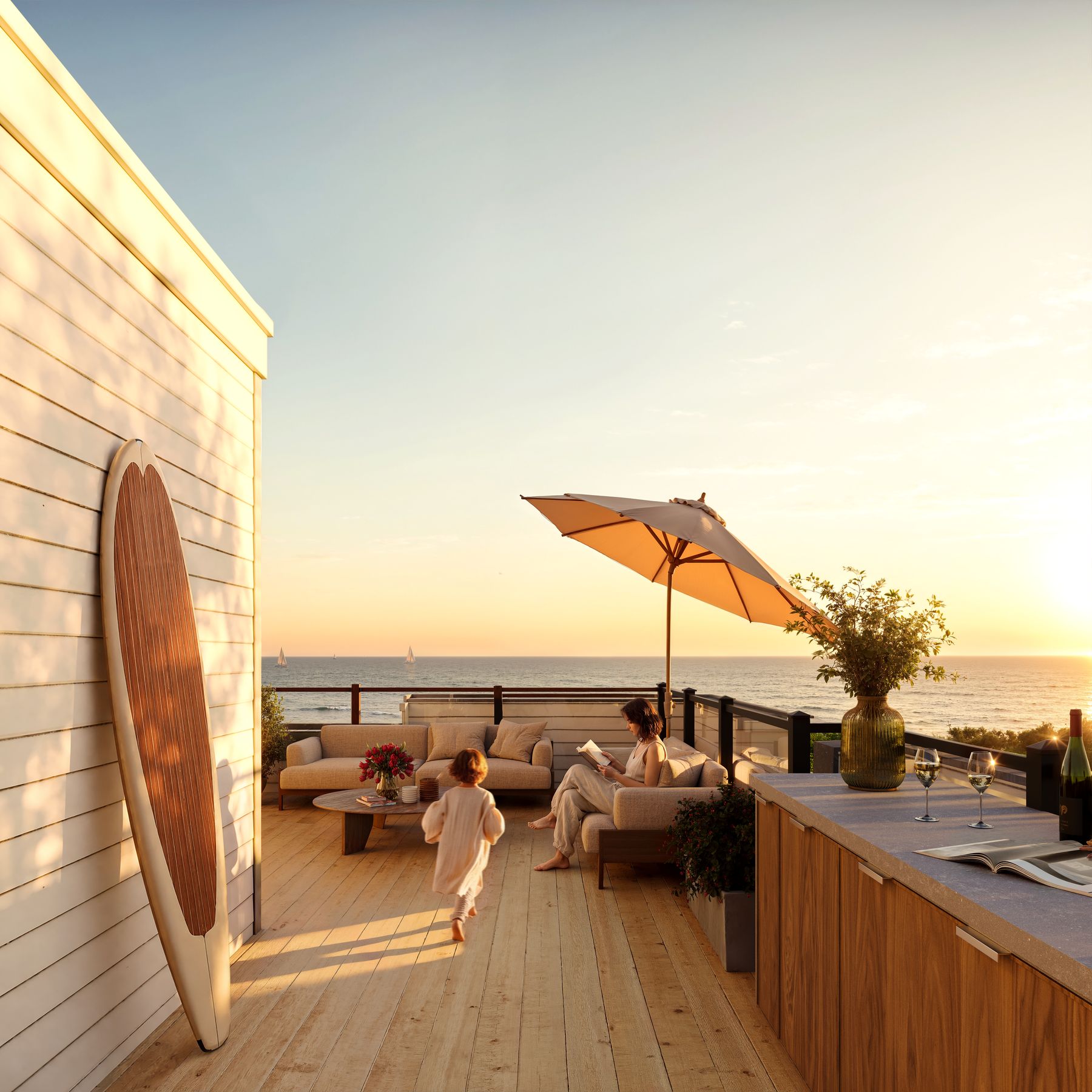 A private rooftop terrace at sunset, looking toward the lake