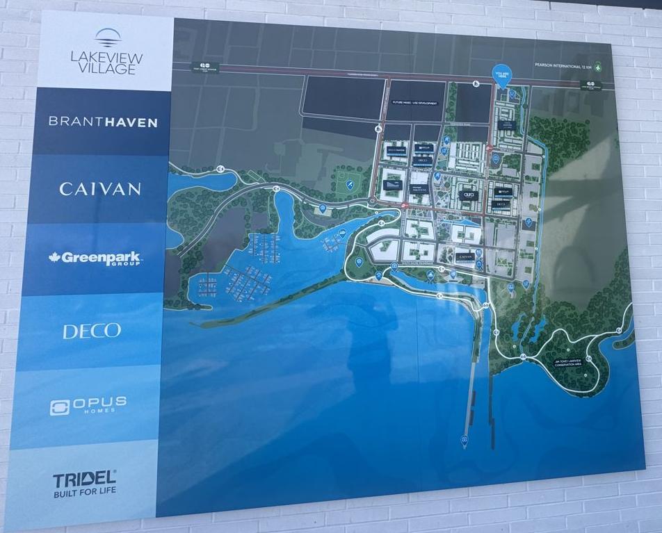 Lakeview Village site map at the Discovery Centre, showing builder locations